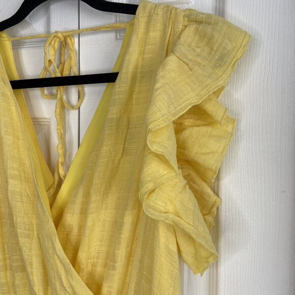 Maggy London Sz 10 Tiered Midi Sundress Yellow Flutter Cap Sleeve Silver Thread - Picture 3 of 13
